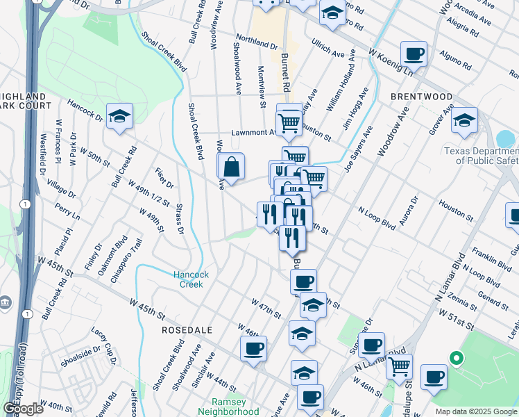 map of restaurants, bars, coffee shops, grocery stores, and more near 2220 Hancock Drive in Austin