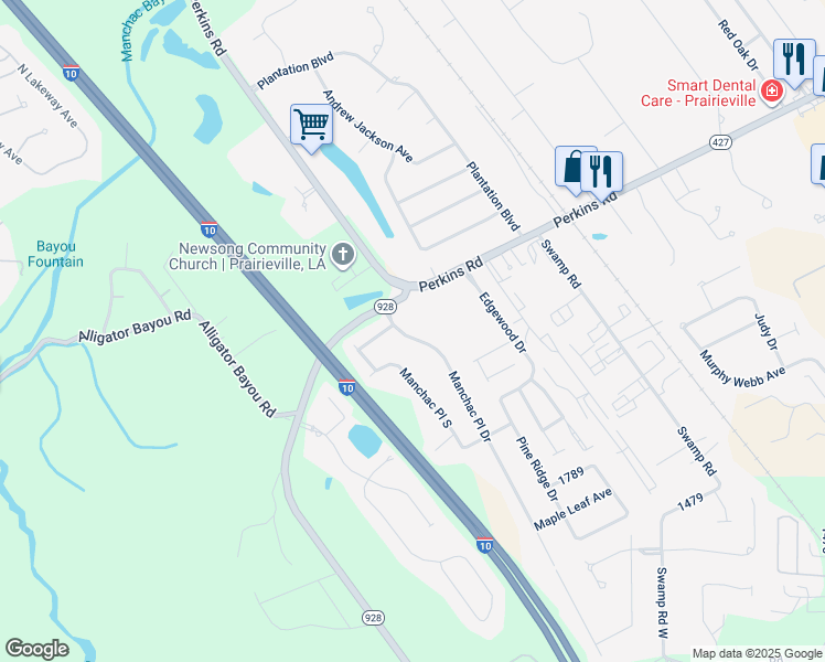 map of restaurants, bars, coffee shops, grocery stores, and more near 18334 Manchac Place Drive in Prairieville