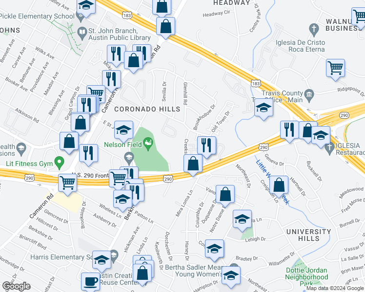 map of restaurants, bars, coffee shops, grocery stores, and more near 7215 Creekside Drive in Austin