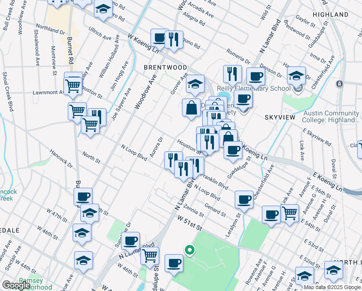 map of restaurants, bars, coffee shops, grocery stores, and more near 836 Houston Street in Austin
