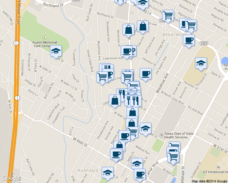 map of restaurants, bars, coffee shops, grocery stores, and more near 2220 Hancock Drive in Austin