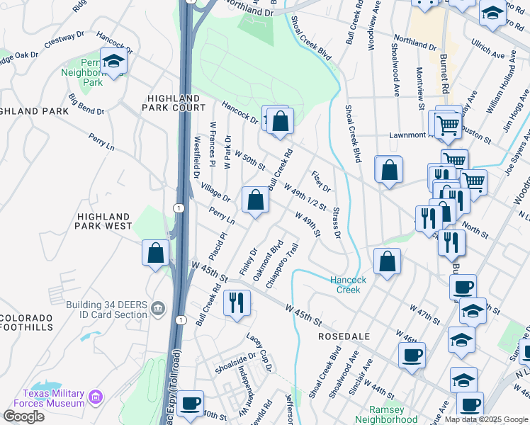 map of restaurants, bars, coffee shops, grocery stores, and more near 2707 West 49th Street in Austin