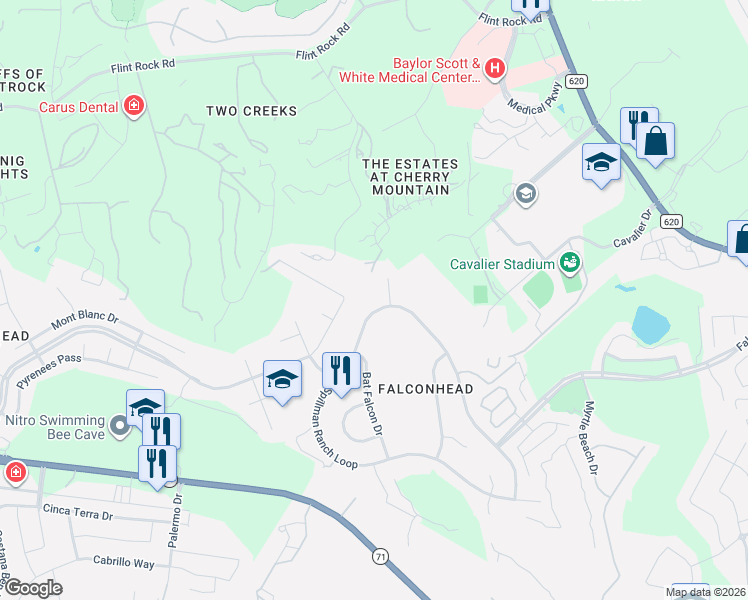 map of restaurants, bars, coffee shops, grocery stores, and more near 4029 Vail Divide in Bee Cave