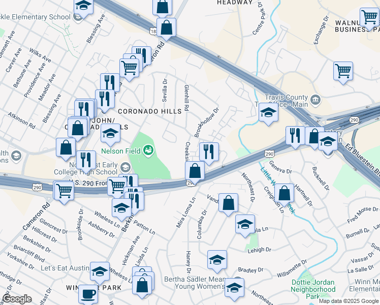 map of restaurants, bars, coffee shops, grocery stores, and more near 7215 Creekside Drive in Austin