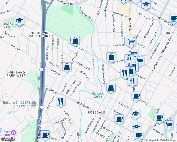 map of restaurants, bars, coffee shops, grocery stores, and more near 2607 West 49th 1/2 Street in Austin