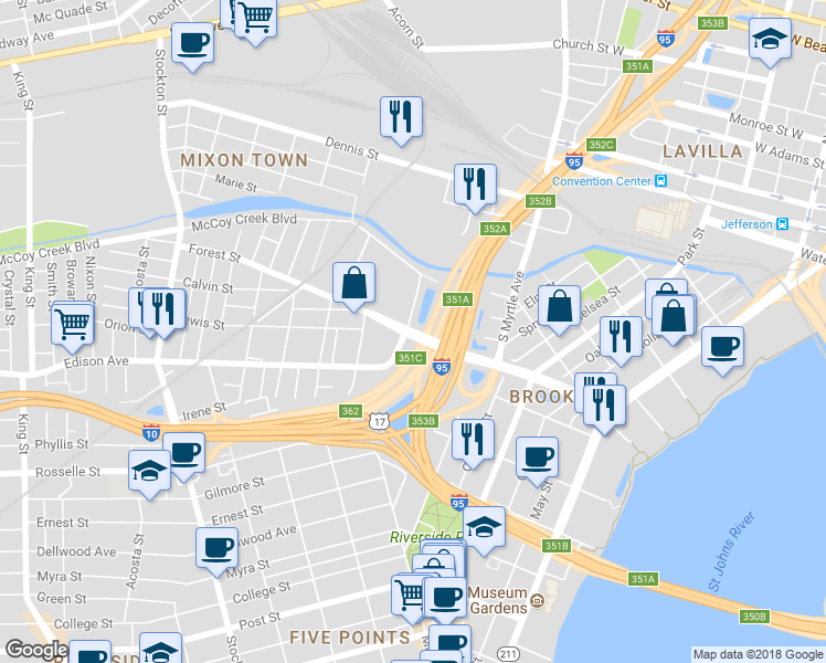 map of restaurants, bars, coffee shops, grocery stores, and more near 1769 Forest Street in Jacksonville