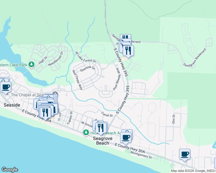 map of restaurants, bars, coffee shops, grocery stores, and more near 40 Tall Timber Court in Santa Rosa Beach