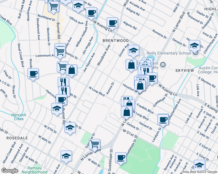 map of restaurants, bars, coffee shops, grocery stores, and more near 5316 Aurora Drive in Austin