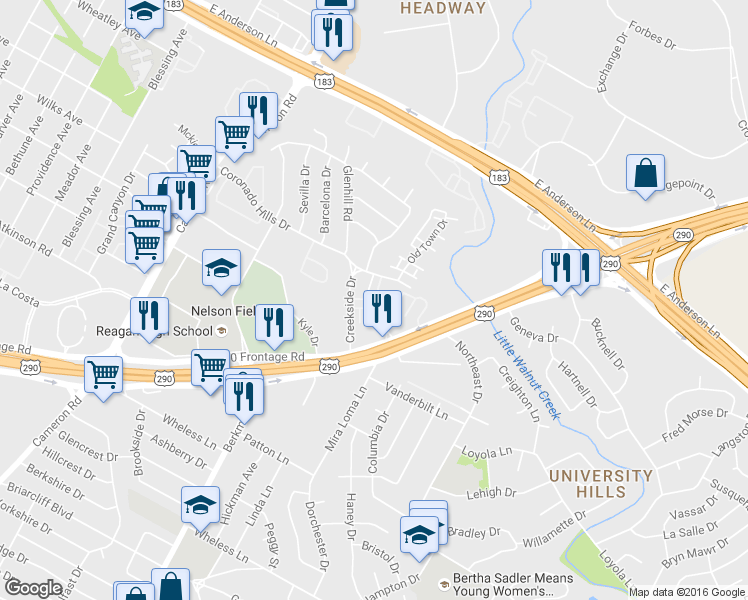 map of restaurants, bars, coffee shops, grocery stores, and more near 7269 Creekside Drive in Austin