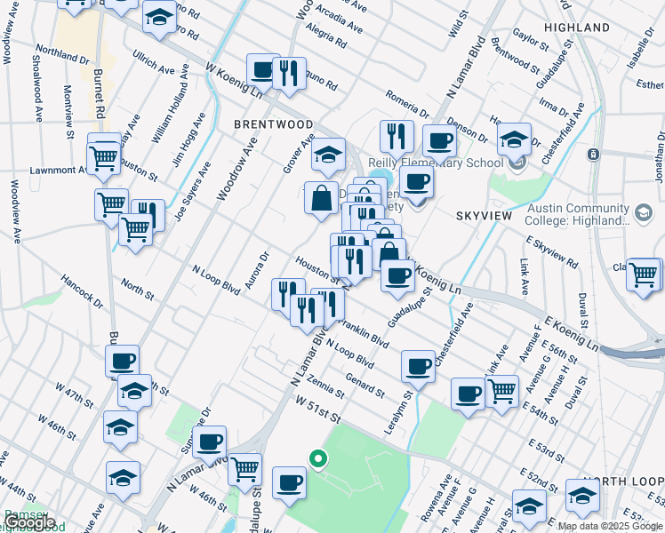 map of restaurants, bars, coffee shops, grocery stores, and more near 836 Houston Street in Austin
