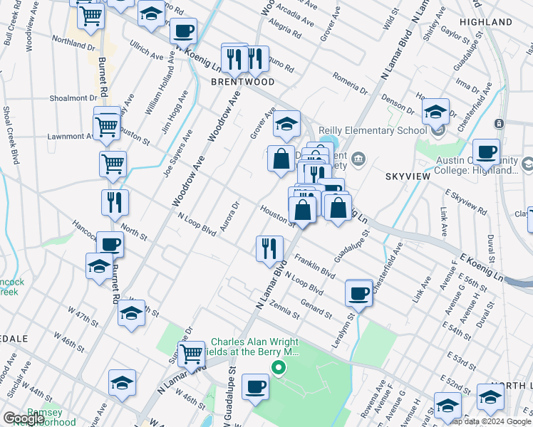 map of restaurants, bars, coffee shops, grocery stores, and more near 836 Houston Street in Austin
