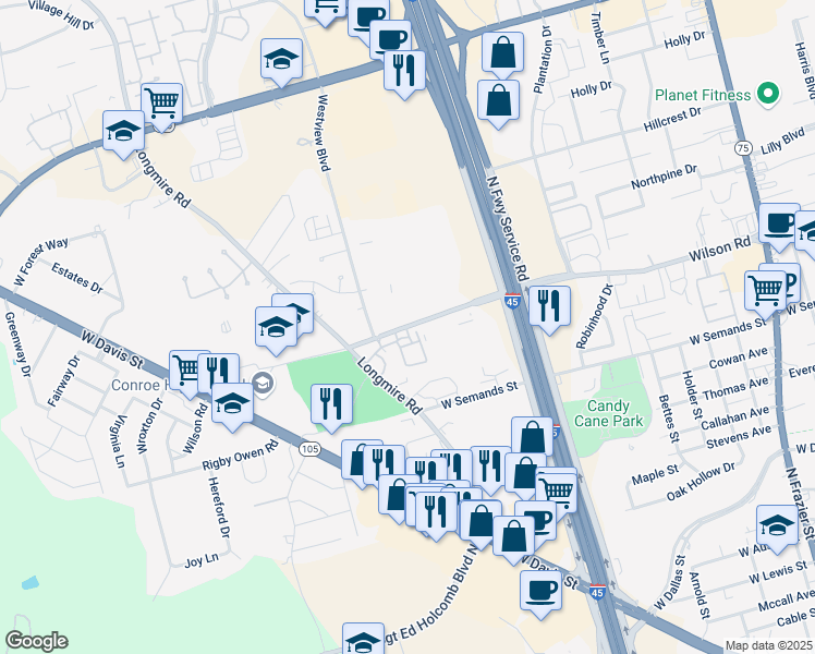 map of restaurants, bars, coffee shops, grocery stores, and more near 1575 Wilson Road in Conroe