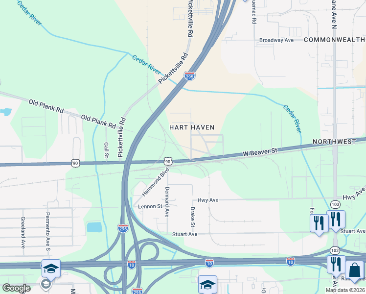map of restaurants, bars, coffee shops, grocery stores, and more near 7143-1 West Beaver Street in Jacksonville