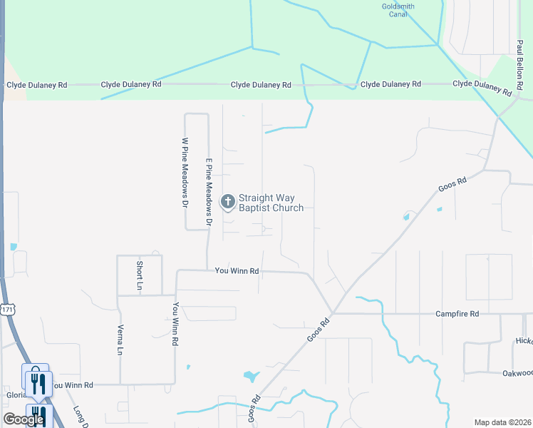 map of restaurants, bars, coffee shops, grocery stores, and more near 1420 Georgia Road in Moss Bluff