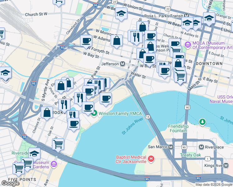 map of restaurants, bars, coffee shops, grocery stores, and more near 1 Riverside Avenue in Jacksonville