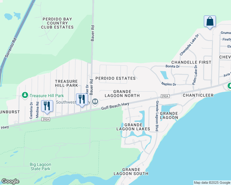 map of restaurants, bars, coffee shops, grocery stores, and more near 12139 Sage Avenue in Pensacola