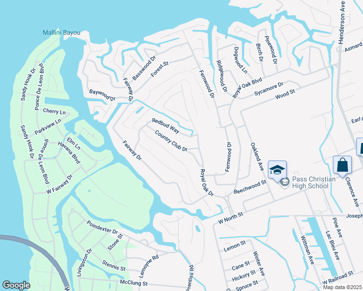 map of restaurants, bars, coffee shops, grocery stores, and more near 108 Country Club Drive in Pass Christian
