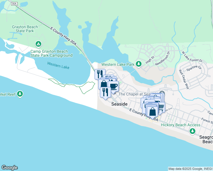 map of restaurants, bars, coffee shops, grocery stores, and more near 223 Western Lake Drive in Santa Rosa Beach