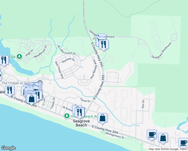 map of restaurants, bars, coffee shops, grocery stores, and more near 243 Pine Needle Way in Santa Rosa Beach