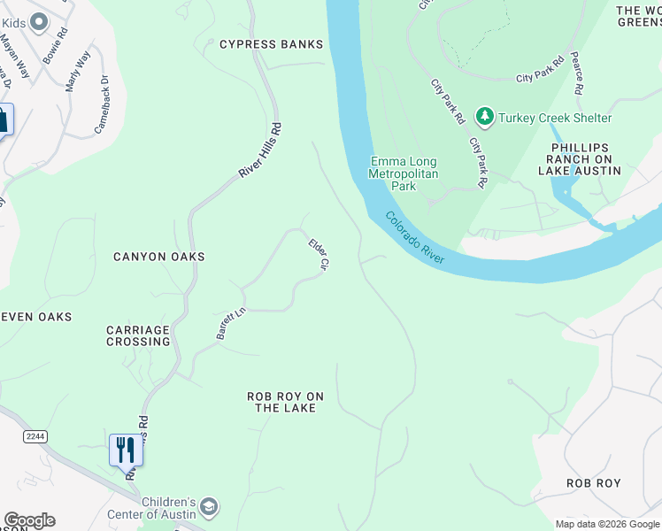 map of restaurants, bars, coffee shops, grocery stores, and more near 1001 Elder Circle in Austin