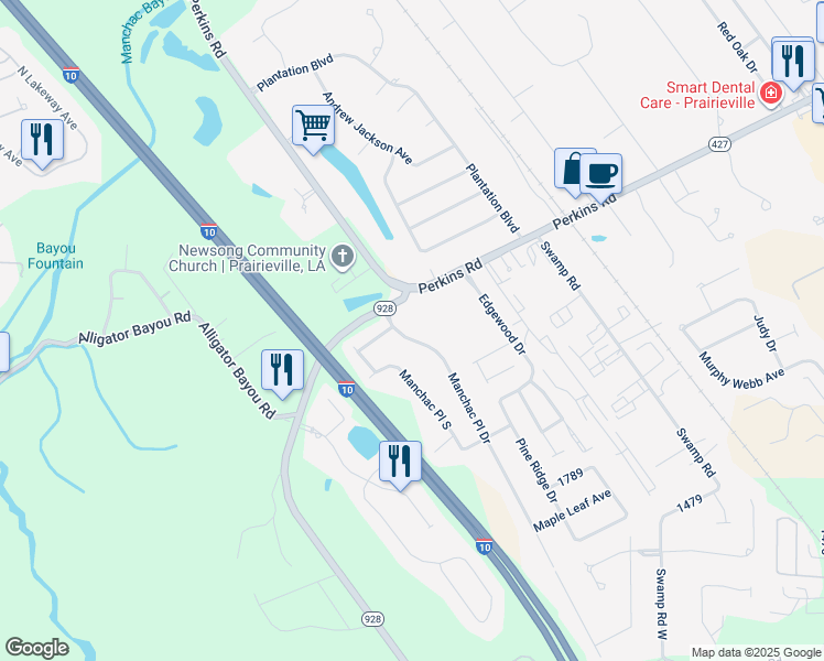 map of restaurants, bars, coffee shops, grocery stores, and more near 18334 Manchac Place Drive in Prairieville