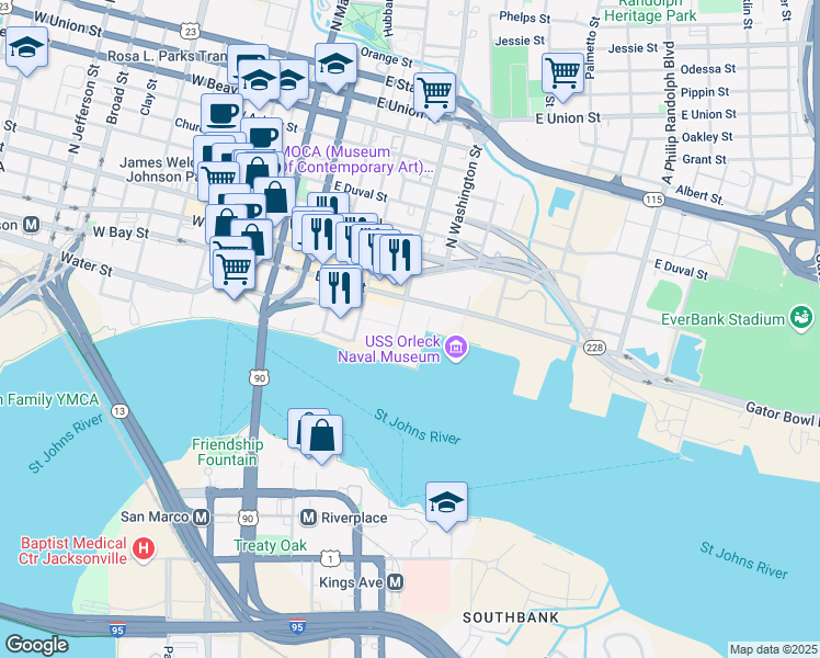 map of restaurants, bars, coffee shops, grocery stores, and more near 100 South Liberty Street in Jacksonville