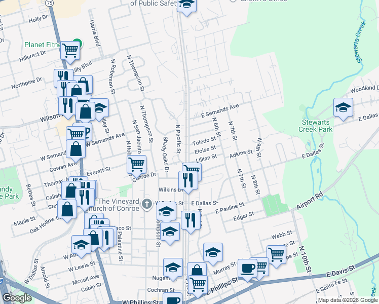 map of restaurants, bars, coffee shops, grocery stores, and more near 132 Eloise Street in Conroe