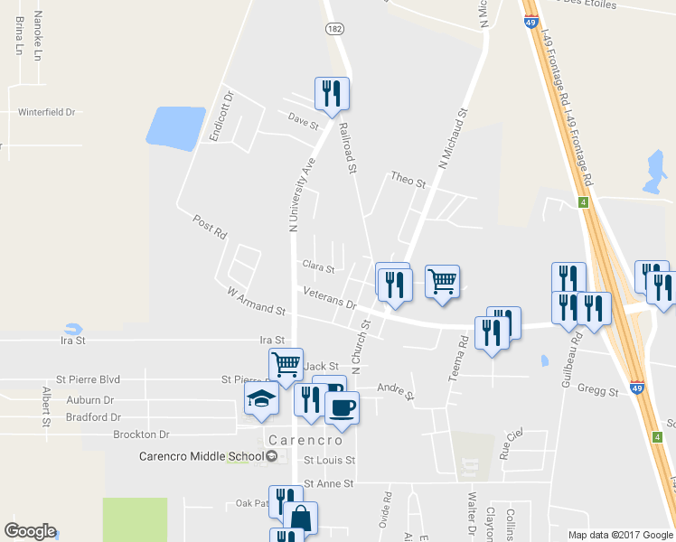 map of restaurants, bars, coffee shops, grocery stores, and more near 299 Clara Street in Carencro