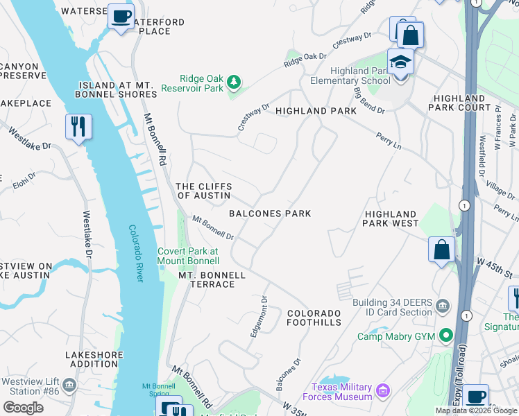 map of restaurants, bars, coffee shops, grocery stores, and more near 4301 Balcones Drive in Austin