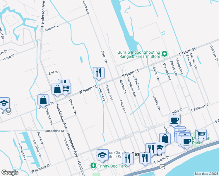 map of restaurants, bars, coffee shops, grocery stores, and more near 390 Hunter Avenue in Pass Christian