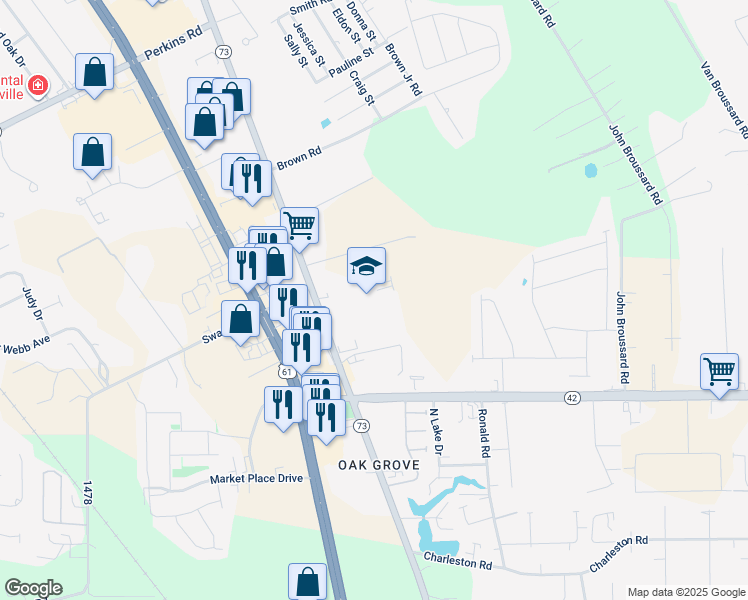 map of restaurants, bars, coffee shops, grocery stores, and more near 17550 Old Jefferson Highway in Prairieville