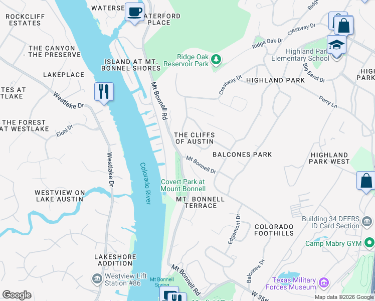 map of restaurants, bars, coffee shops, grocery stores, and more near 3416 Mount Bonnell Circle in Austin