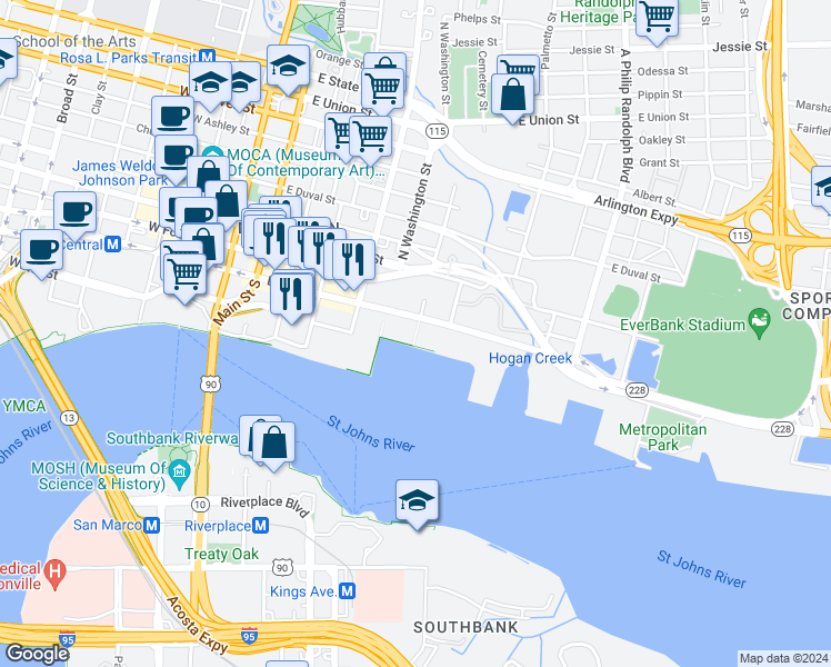 map of restaurants, bars, coffee shops, grocery stores, and more near 14 Catherine Street in Jacksonville