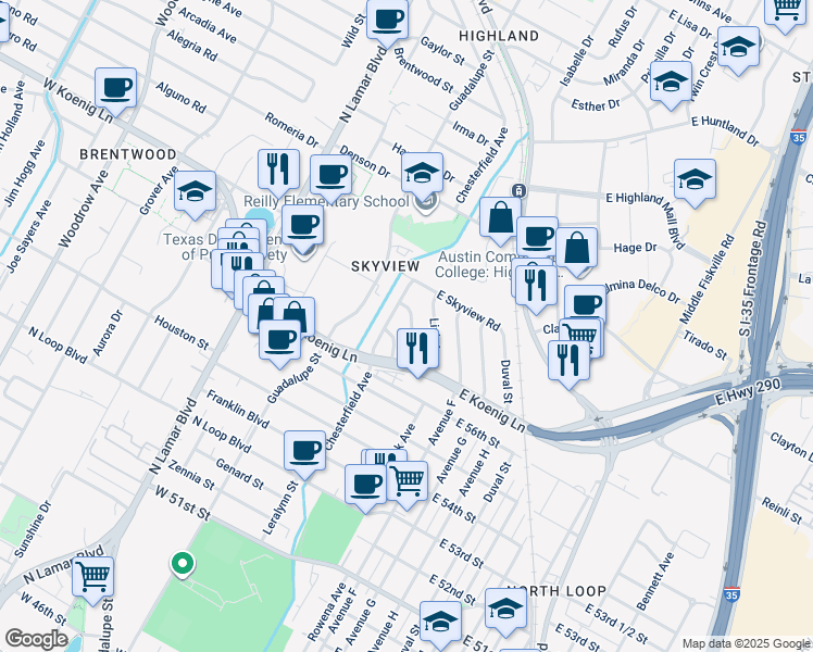 map of restaurants, bars, coffee shops, grocery stores, and more near 5710 Avenue D in Austin