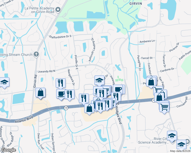 map of restaurants, bars, coffee shops, grocery stores, and more near 257 Quebec Lane in Jacksonville
