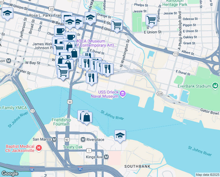 map of restaurants, bars, coffee shops, grocery stores, and more near 100 South Liberty Street in Jacksonville