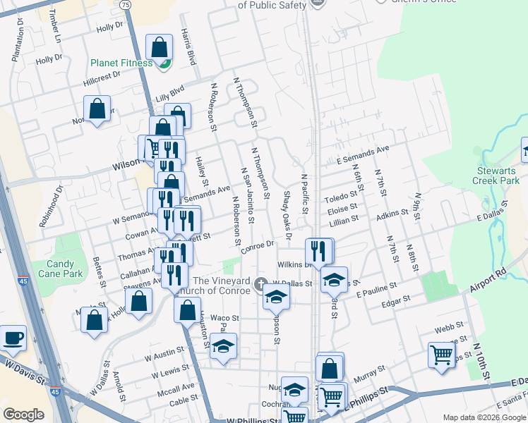 map of restaurants, bars, coffee shops, grocery stores, and more near 1525 North Thompson Street in Conroe