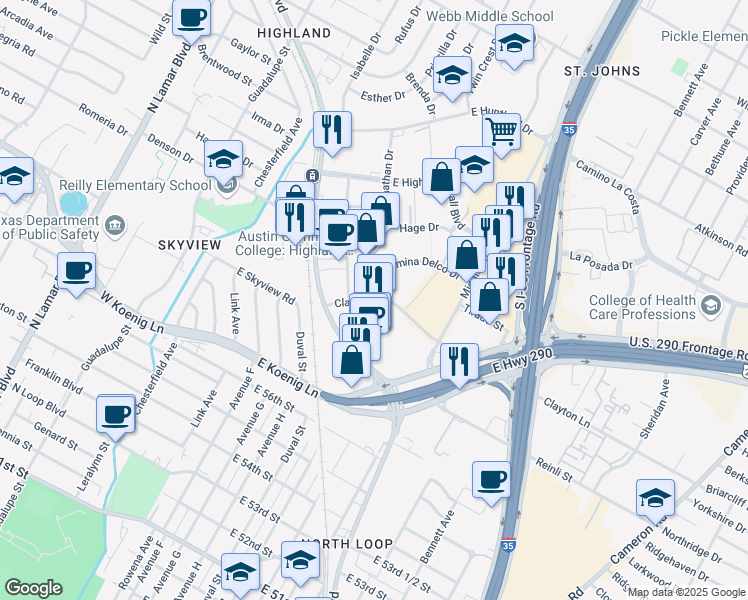 map of restaurants, bars, coffee shops, grocery stores, and more near 5901 Airport Boulevard in Austin