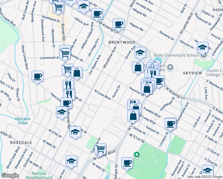 map of restaurants, bars, coffee shops, grocery stores, and more near 5316 Aurora Drive in Austin