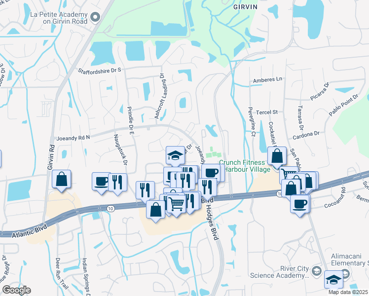 map of restaurants, bars, coffee shops, grocery stores, and more near 242 Leatherleaf Drive in Jacksonville