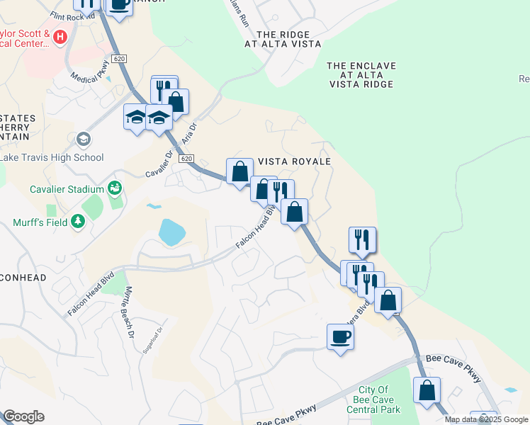 map of restaurants, bars, coffee shops, grocery stores, and more near 14360 Falcon Head Boulevard in Austin