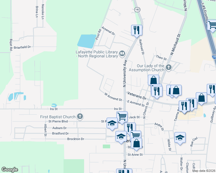 map of restaurants, bars, coffee shops, grocery stores, and more near 105 Crossfield Ln in Carencro