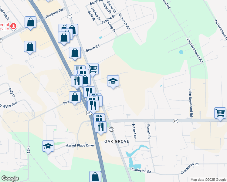 map of restaurants, bars, coffee shops, grocery stores, and more near 17550 Old Jefferson Highway in Prairieville