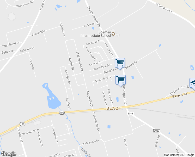 map of restaurants, bars, coffee shops, grocery stores, and more near 2215 Shady Birch Drive in Conroe