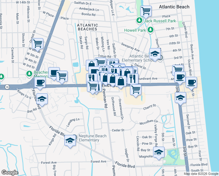 map of restaurants, bars, coffee shops, grocery stores, and more near 1117 Atlantic Boulevard in Neptune Beach