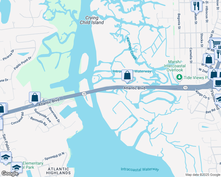 map of restaurants, bars, coffee shops, grocery stores, and more near 1626-1698 Atlantic Boulevard in Atlantic Beach