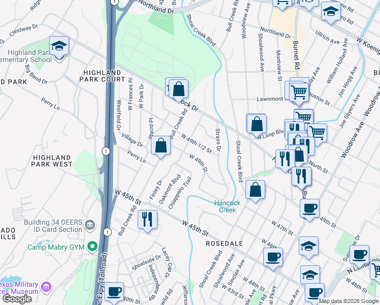 map of restaurants, bars, coffee shops, grocery stores, and more near 2636 West 49th Street in Austin
