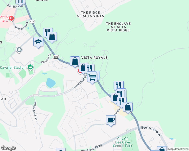 map of restaurants, bars, coffee shops, grocery stores, and more near 3270 Ranch Road 620 South in Austin
