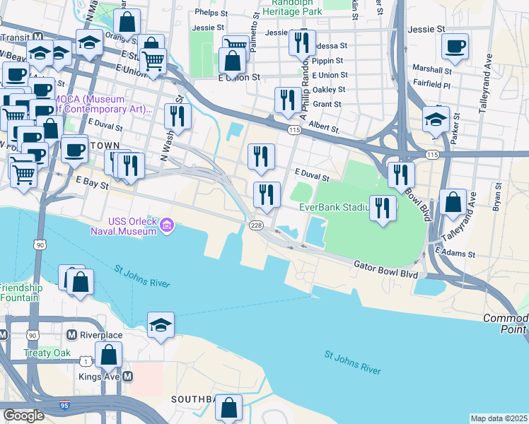 map of restaurants, bars, coffee shops, grocery stores, and more near 951 E Forsyth St in Jacksonville