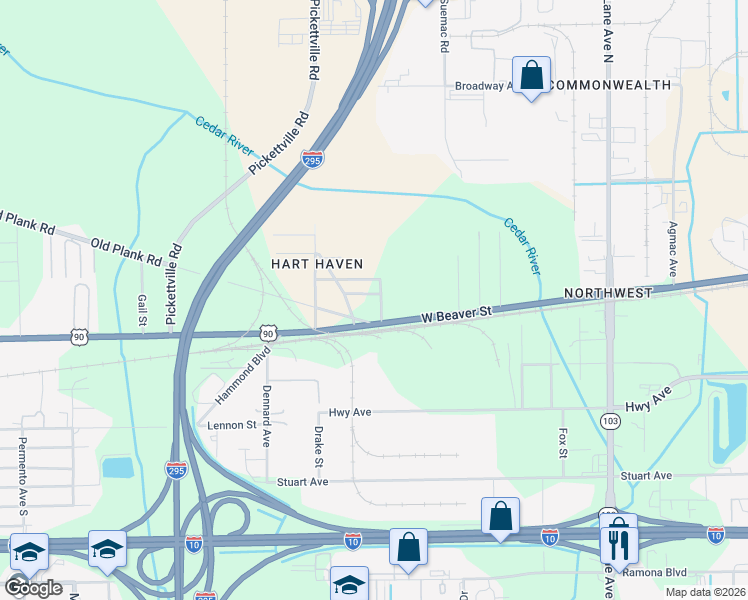 map of restaurants, bars, coffee shops, grocery stores, and more near 6940 Wadsworth Avenue in Jacksonville